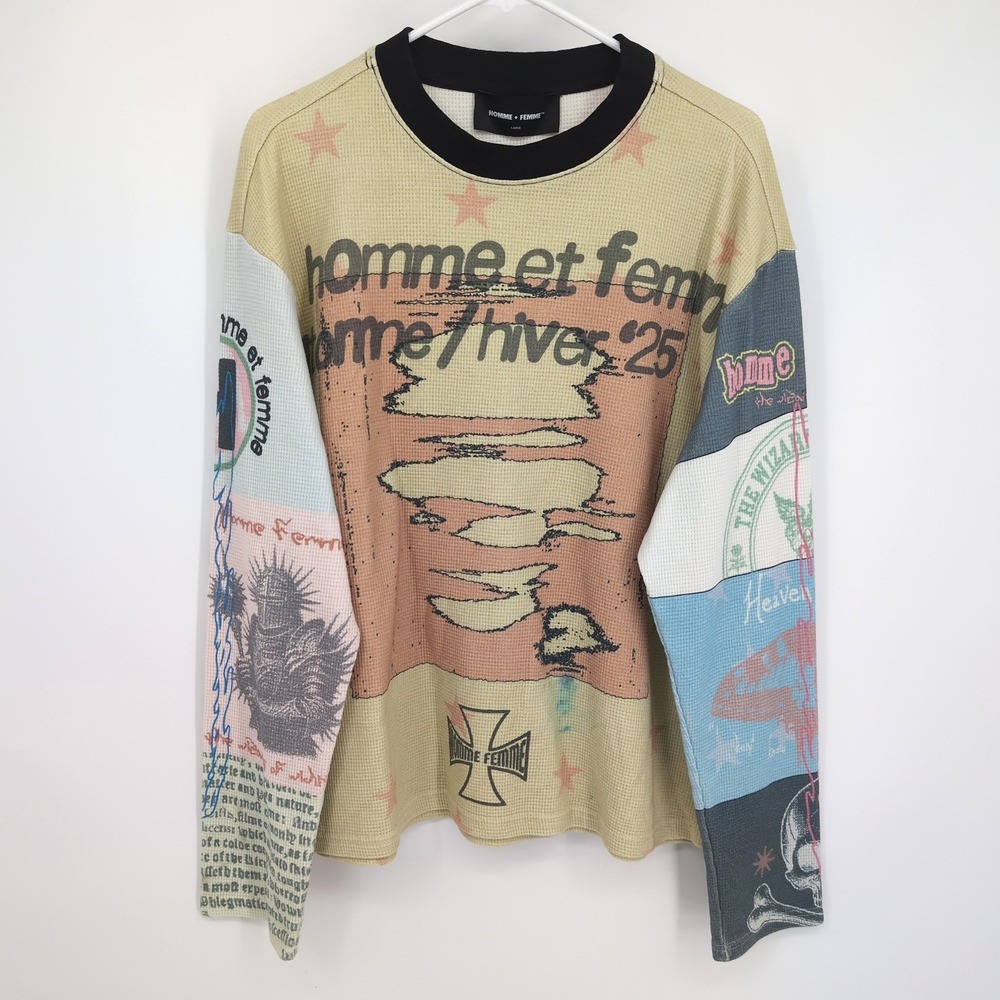 Homme + Femme Thermal Long Sleeve Shirt Tan Graphic Print Mens Large